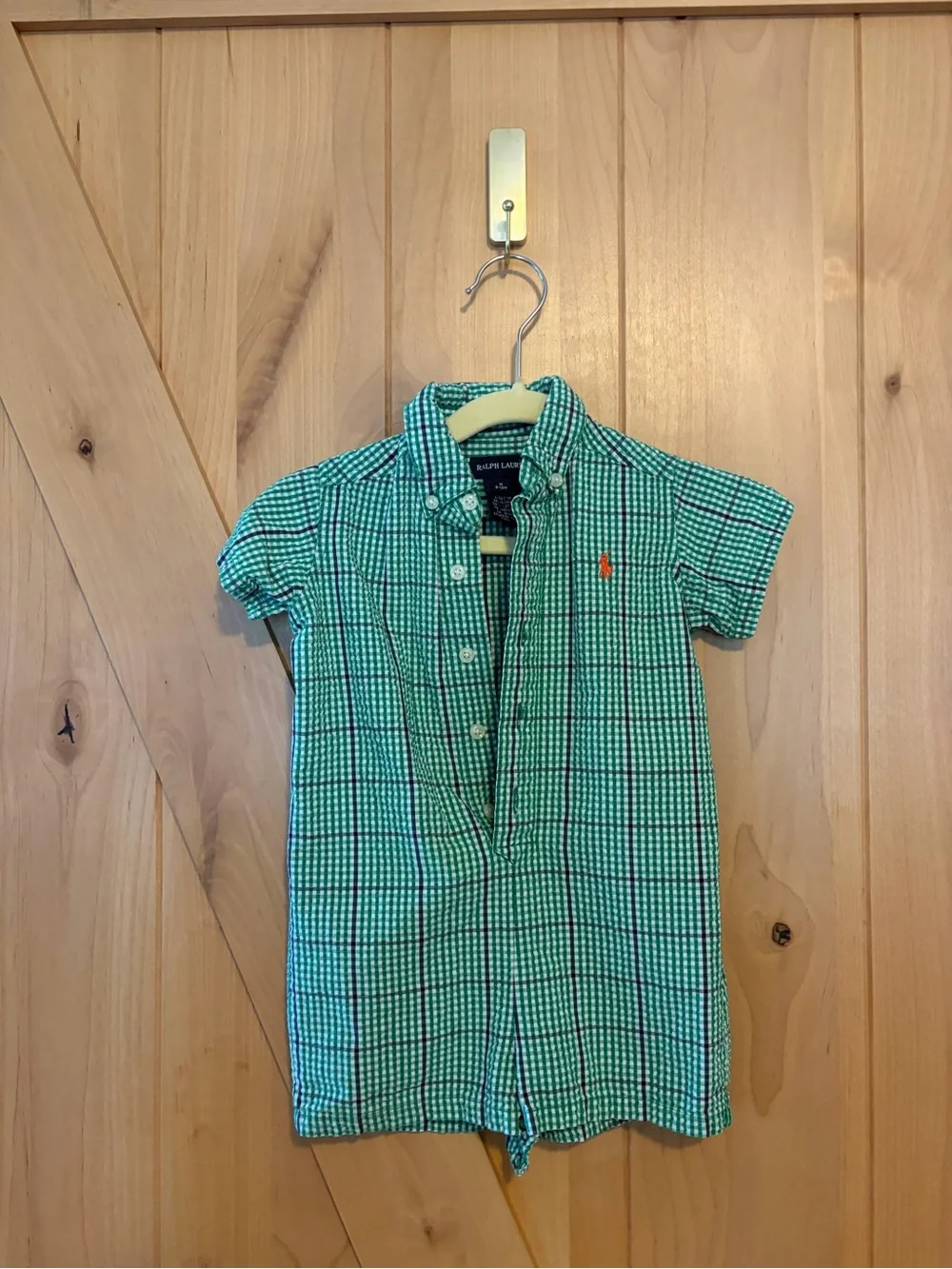 Ralph Lauren Gingham Cotton Poplin Shortall Green Baby Size 6-12 Mo Preppy